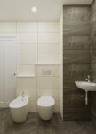 Идея дизайна в туалете (серия дома П55) с переносом унитаза, установкой биде и рукомойника