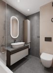 Ванная комната ПИК, дизайн плитка Estima Luna, плитка под бетон, мебель и раковина Modula Kerama Marazzi
