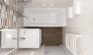 Ванная и туалет II-49, дизайн с разворотом ванны, раскладка плитки Cersanit Landscape