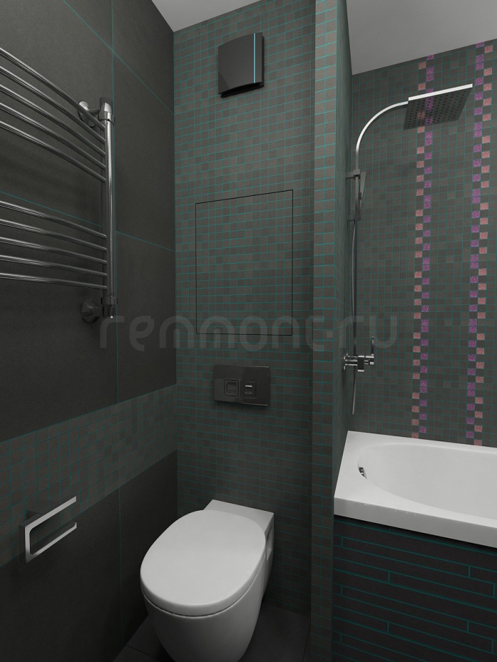Дизайн ванной комнаты 220х150 с разворотом ванны, серые цвета в мозаике